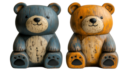 Two stylized, adorable bear figurines sitting side by side, one in a calming blue shade with textured wooden grains, and the other in a warm orange hue, both showcasing a simplistic .