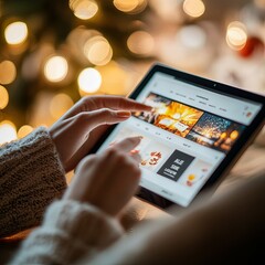 Online shopping concept for Singles' Day, hands scrolling through a website on a tablet with sale