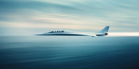 Futuristic jet flying above the ocean, showcasing sleek design and advanced technology, emphasizing speed and innovation.