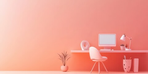 Stylish home office with a modern desk, computer, and soft pink ambiance, perfect for productivity and creativity.