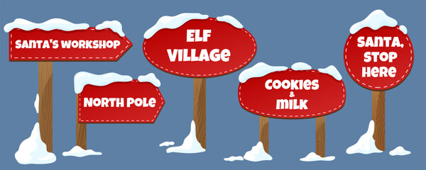 Set of decorative Christmas signs, signs with funny inscriptions. Elements for design. Vector graphics.