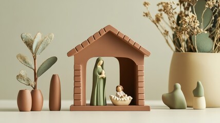 Contemporary nativity scene in olive and terracotta, with a terracotta stable and warm, organic details for a modern twist on tradition. Nativity scene, New Year, Christmas