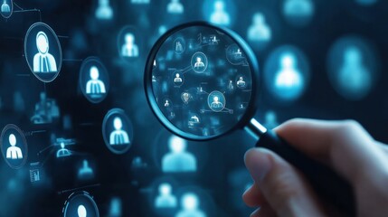 Magnifying glass over avatars network in blue theme