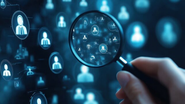 Magnifying glass over avatars network in blue theme