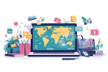 A vibrant e-commerce website showcasing international products, with diverse shipping options and currency conversions, emphasizing global reach and the inclusivity of online shopping