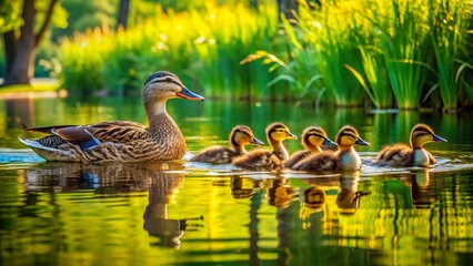 A playful family of ducks, including parents and adorable ducklings, waddle and swim together in a serene and sunny lake surrounded by lush greenery.