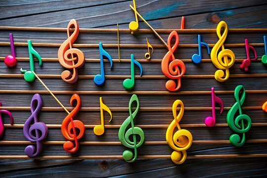 Colorful music notes and symbols, including treble clef, sharp, flat, and natural signs, decorate a blank staff,