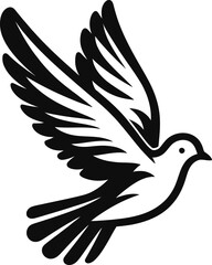 A black and white silhouette of a flying dove