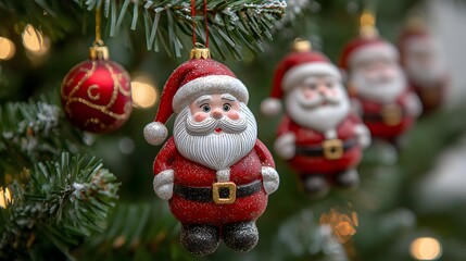 Three Santa Claus ornaments hang on a Christmas tree with a red and gold bauble.