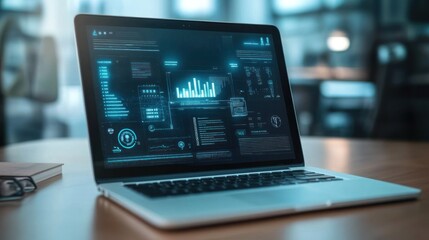 Data analytics display on laptop in tech workspace
