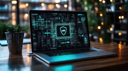 Obraz premium Security firewall interface on modern laptop in workspace
