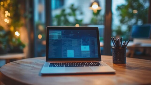 Laptop showcasing code in greenery-filled city café.