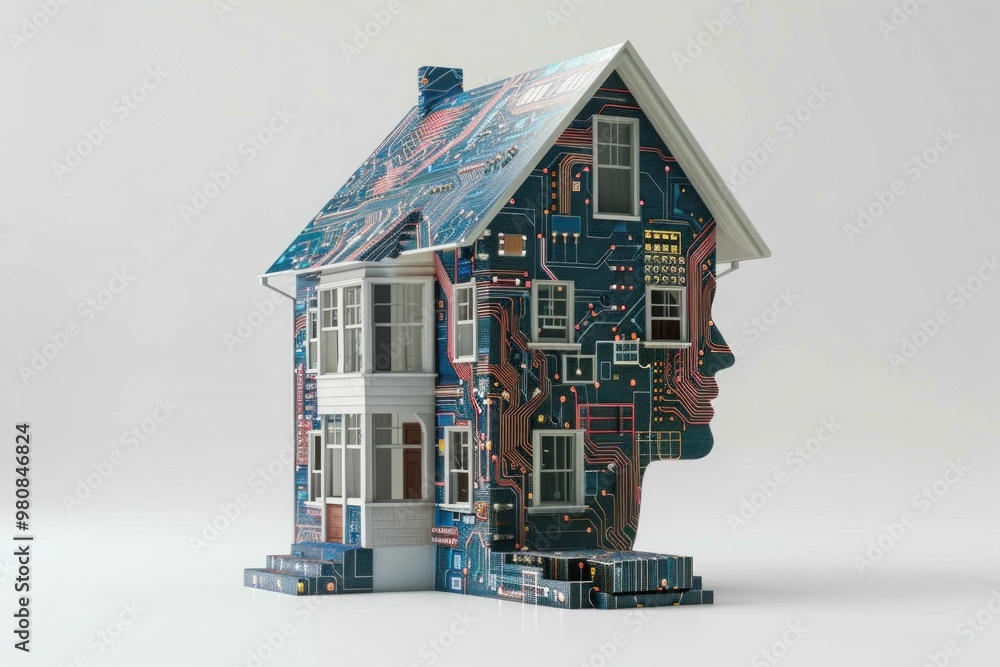 Poster a futuristic house design, merging architecture with digital technology elements, showcasing a face 