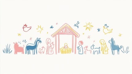Light-hearted nativity scene in doodle style, with simple, colorful sketches of Mary, Joseph, and baby Jesus. Nativity scene, New Year, Christmas
