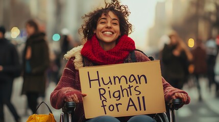 A smiling woman in a wheelchair holds a sign that reads "Human Rights for All" during a protest.