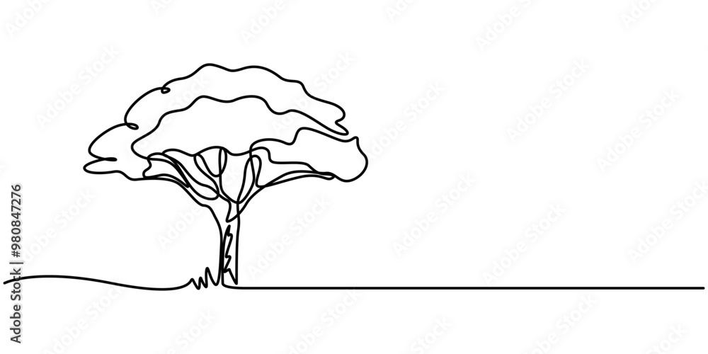 Poster continuous one line drawing of nature tree vector illustration, continuous single line drawing of br