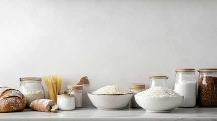 A kitchen counter with bowls of rice, pasta, and bread, with space above for promotional text.