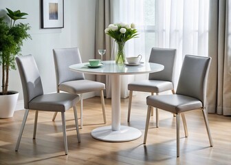 Compact, modern dining set with sleek chairs and a petite round table, perfectly proportioned for intimate gatherings