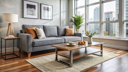 Compact, modern sofa and coffee table nestled in a cozy living room, perfect for tiny Toronto condos, showcasing