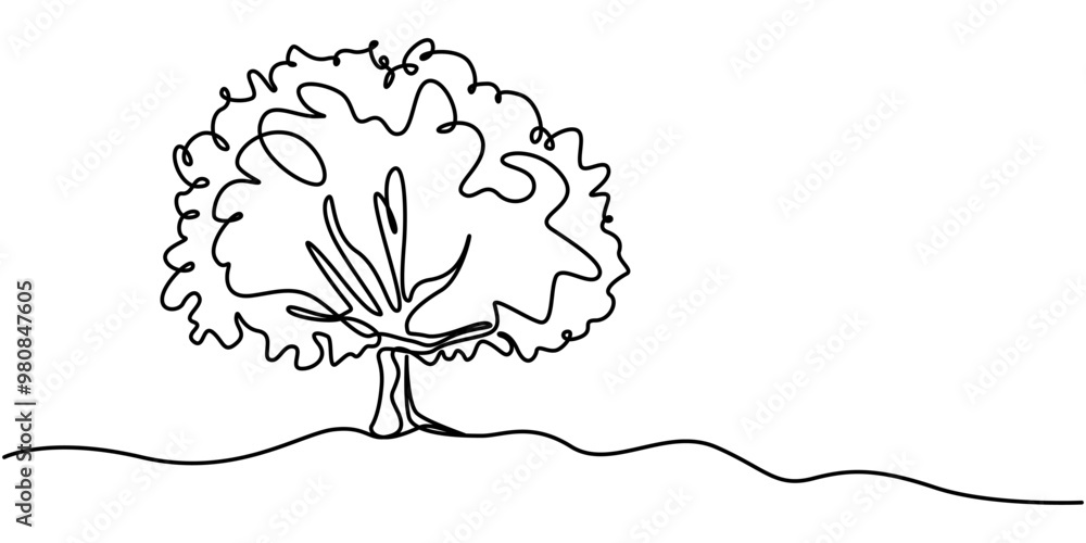 Poster continuous one line drawing of nature tree vector illustration, continuous single line drawing of br