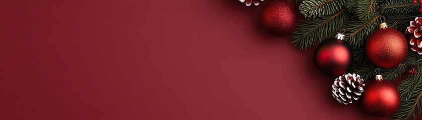 Fototapeta premium minimal top view of Christmas decorations on a bordeaux background with space for text or ads