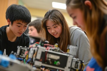 Students engaged in robotics project teamwork