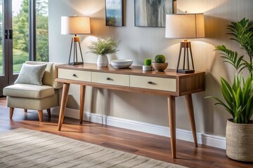 Contemporary living room features sleek console table with storage drawers, polished wooden legs, and neutral color