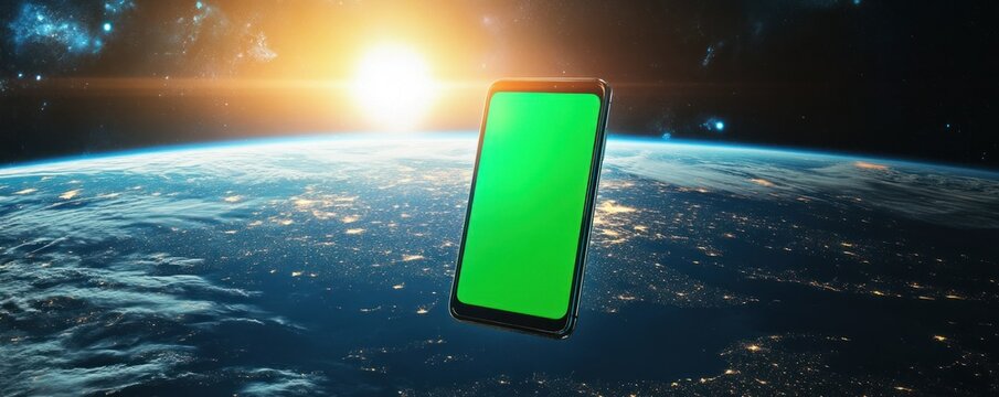 Smartphone floating above Earth with sunrise visible.