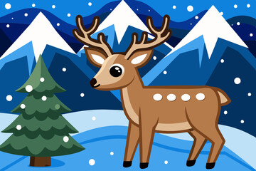 Image of a deer standing in a snowy field next to a spruce tree in the foreground and a mountain range in the background.