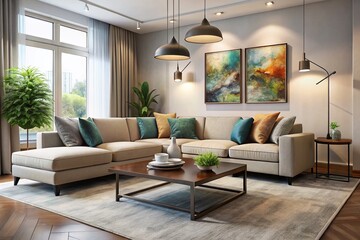 Contemporary living room with sleek sectional sofa in neutral tones, accented with modern coffee table, floor lamp, and