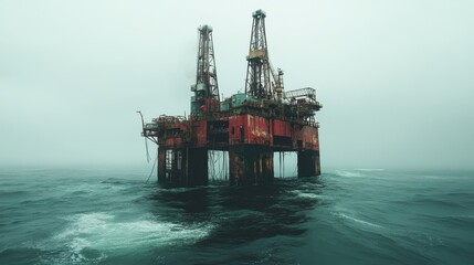Offshore Oil Rig in the Middle of the Ocean on a Foggy Day with Turbulent Waves and Overcast Sky