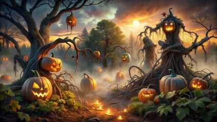 Fototapeta premium Creepy 3D cartoon pumpkin patch with glowing jack-o'-lanterns, eerie mist, and playful ghosts amidst twisted vines and spooky autumnal foliage at sunset.