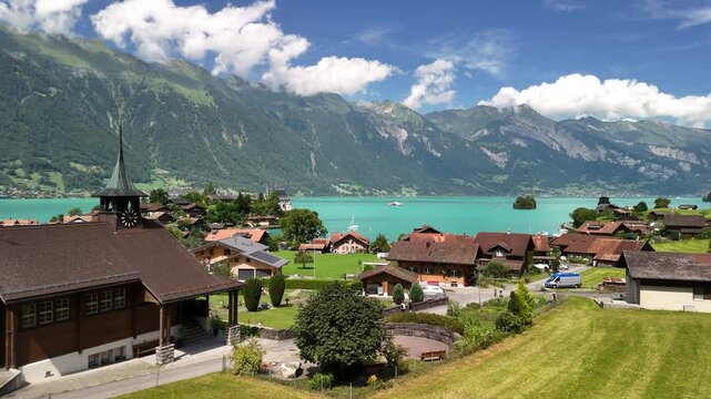 Alpine village Iseltwald, Swiss nature shore lake Brienz Switzerland mountains