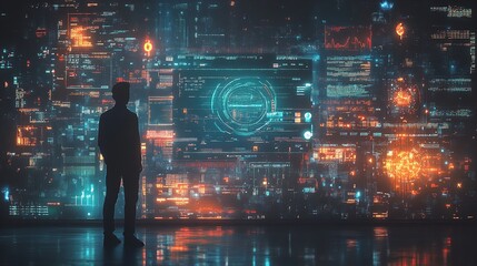 AI image creation technology, man using a laptop with advanced software, futuristic UI and generated images on screen