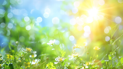 Fototapeta premium A fresh spring blue sunny sky background with a blurred warm sunny glow.