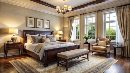 Cozy 11x11 bedroom interior features creamy walls, dark wood furniture, plush area rug, and elegant curtains, creating