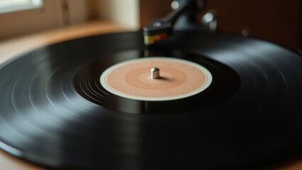 Detailed Shot of a Vinyl Record with Wooden Turntable and Tonearm in Focus