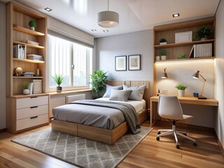 Fototapeta premium Cozy 8x9 bedroom with modern furniture layout, featuring a queen-sized bed, nightstand, and desk, situated in a compact