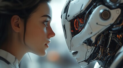 Fototapeta premium Woman opposite AI. The concept of the confrontation between humanity and artificial intelligenc