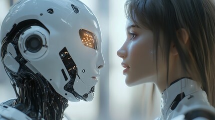 Fototapeta premium Woman opposite AI. The concept of the confrontation between humanity and artificial intelligenc