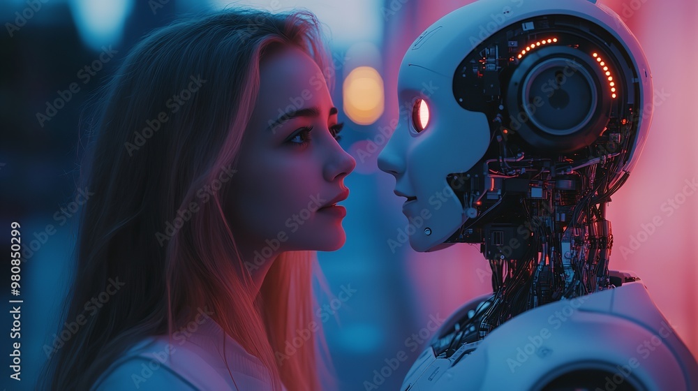 Aufkleber person talking with robotic ai. futuristic technology or machine learning concepts. generative ai te