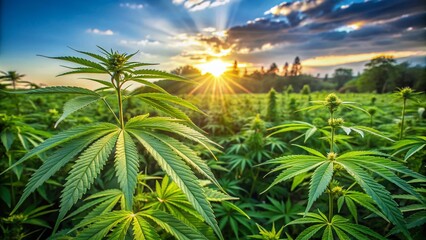 Fototapeta premium Lush green hemp plants with broad cannabis leaves thrive in a sunny plantation field, cultivating a natural source for medical marijuana and alternative remedies.