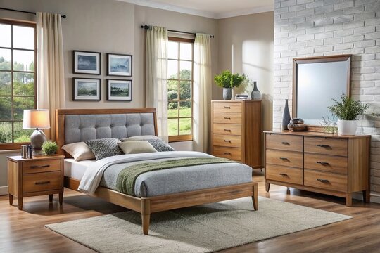 Cozy and modern bedroom furniture set with sturdy wooden frame, comfortable mattress, and sleek dresser, perfect for