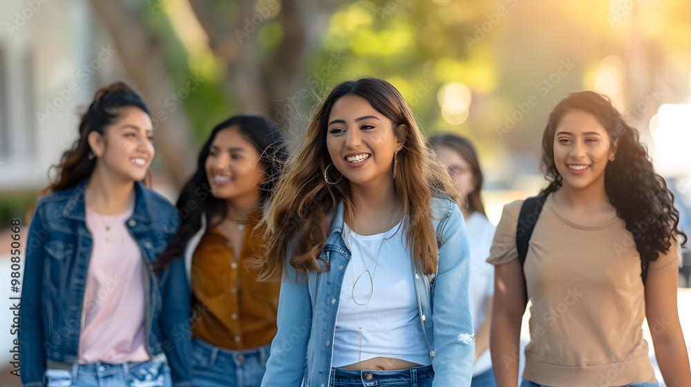 Wall mural A group of beautiful young Hispanic women walking together outdoors. Candid photo of young adults having fun