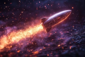 Fototapeta premium futuristic rocket emerging from laptop screen trailing digital particles sleek spacecraft design contrasts with abstract tech background in deep purple and black