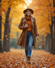 Smiling woman walking in an Autumn forest with Colorful Fall Leaves. Full body shot on bokeh background