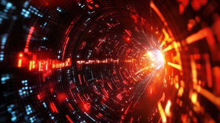 Turbulent financial tunnel with crashing stock market symbols and red alerts flashing in the background