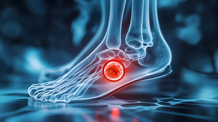 A medical illustration of a foot with a red circle highlighting a bunion.