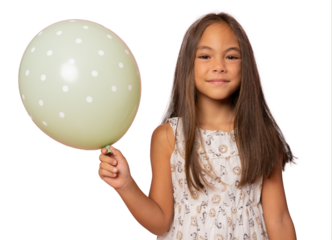 Portrait of a little girl having fun, holding a big balloon on transparent background