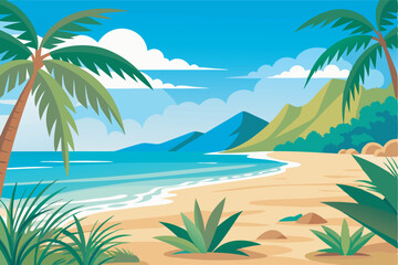 Obraz premium A serene beach with palm trees, yellow sand, and calm waters. Mountains in the distance under a light blue sky with scattered clouds. Ideal for a peaceful retreat.